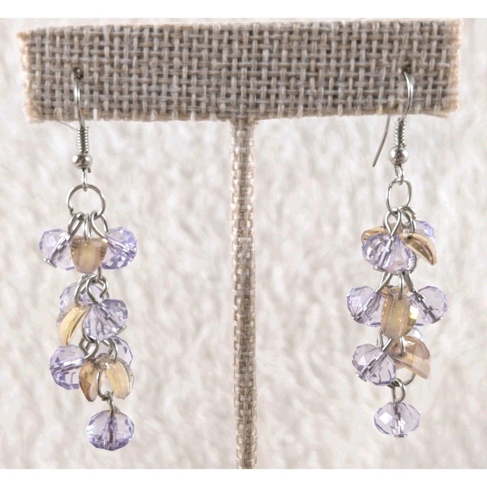 Lavender Beaded Dangle Earrings Silver Tone Cluster‎ Drop Lightweight Jewelry